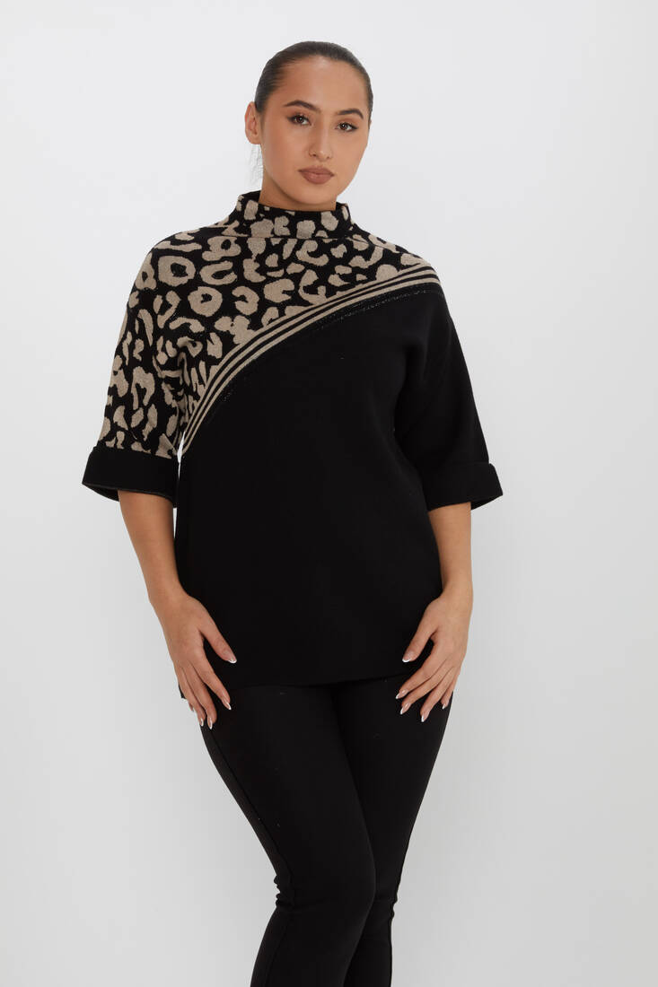 Women's Knitwear Leopard Patterned Stone Detailed Black-Beige - 30198 | KAZEE