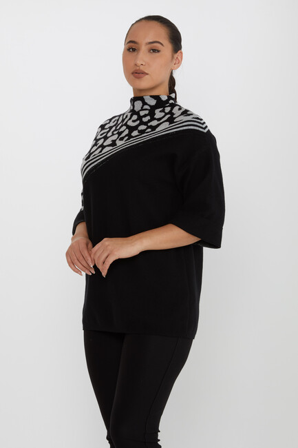 Women's Knitwear Leopard Patterned Stone Detailed Black-Ecru - 30198 | KAZEE - Thumbnail