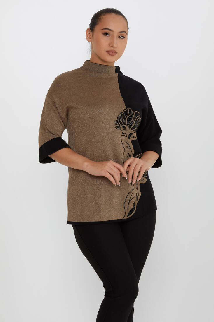 Women's Knitwear Patterned Stone Detailed Dark Mink - 31672 | KAZEE