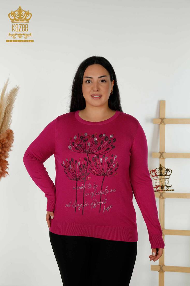 Women's Knitwear Text Patterned Fuchsia - 30156 | KAZEE
