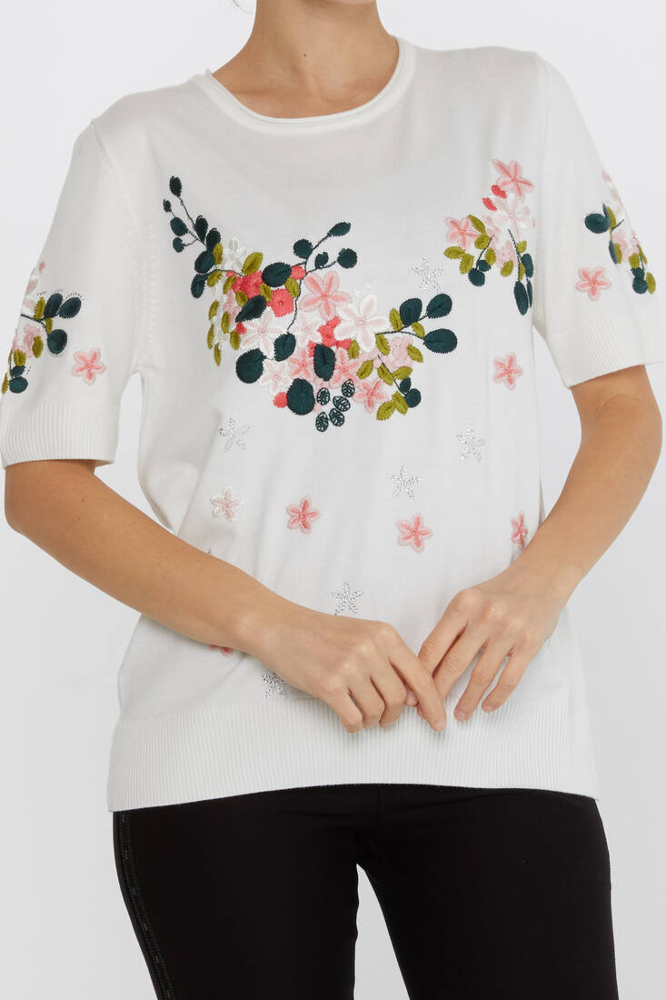 Women's Knitwear Short Sleeve Floral Embroidered Stoned Ecru - 16761 | KAZEE
