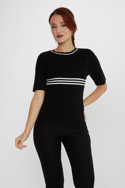 Women's Knitwear Short Sleeve Striped Collar Detail Black-Ecru - 31201 | KAZEE - Thumbnail