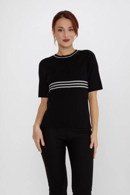 Women's Knitwear Short Sleeve Striped Collar Detail Black-Grey - 31201 | KAZEE - Thumbnail