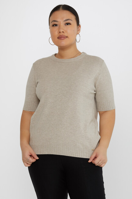 Women's Knitwear Glitter Detailed Short Sleeve Mink - 31634 | KAZEE - Thumbnail
