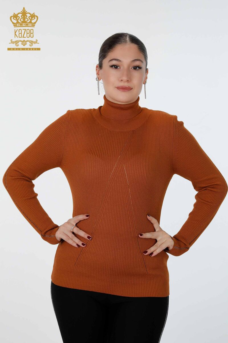 Women's Knitwear Arm Hole Detailed Turtleneck Striped Tan - 16241 | KAZEE
