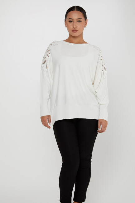 Women's Knitwear Sleeves Stone Embroidered Ecru - 30931 | KAZEE - Thumbnail