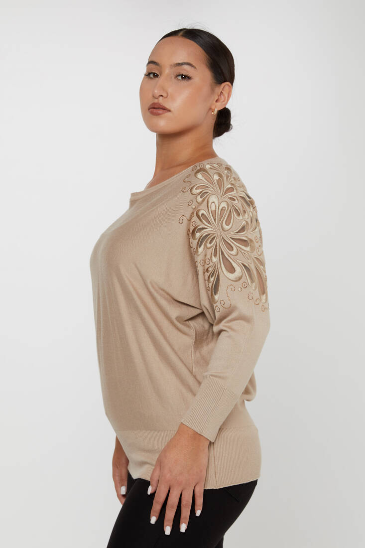 Women's Knitwear Mink with Stone Embroidered Sleeves - 30931 | KAZEE