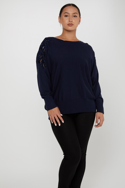 Women's Knitwear Embroidered Sleeves Stone Navy Blue - 30931 | KAZEE - Thumbnail