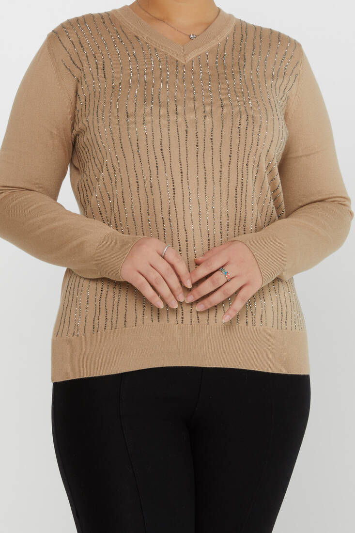 Women's Knitwear Stone Detailed V-Neck Beige - 31500 | KAZEE