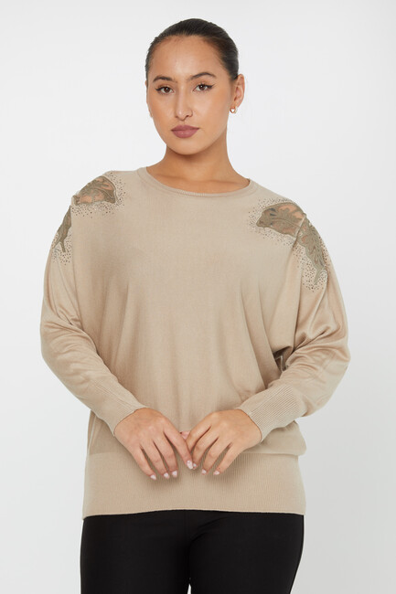 Women's Knitwear Stone Embroidered Bat Sleeve Beige - 30903 | KAZEE - Thumbnail