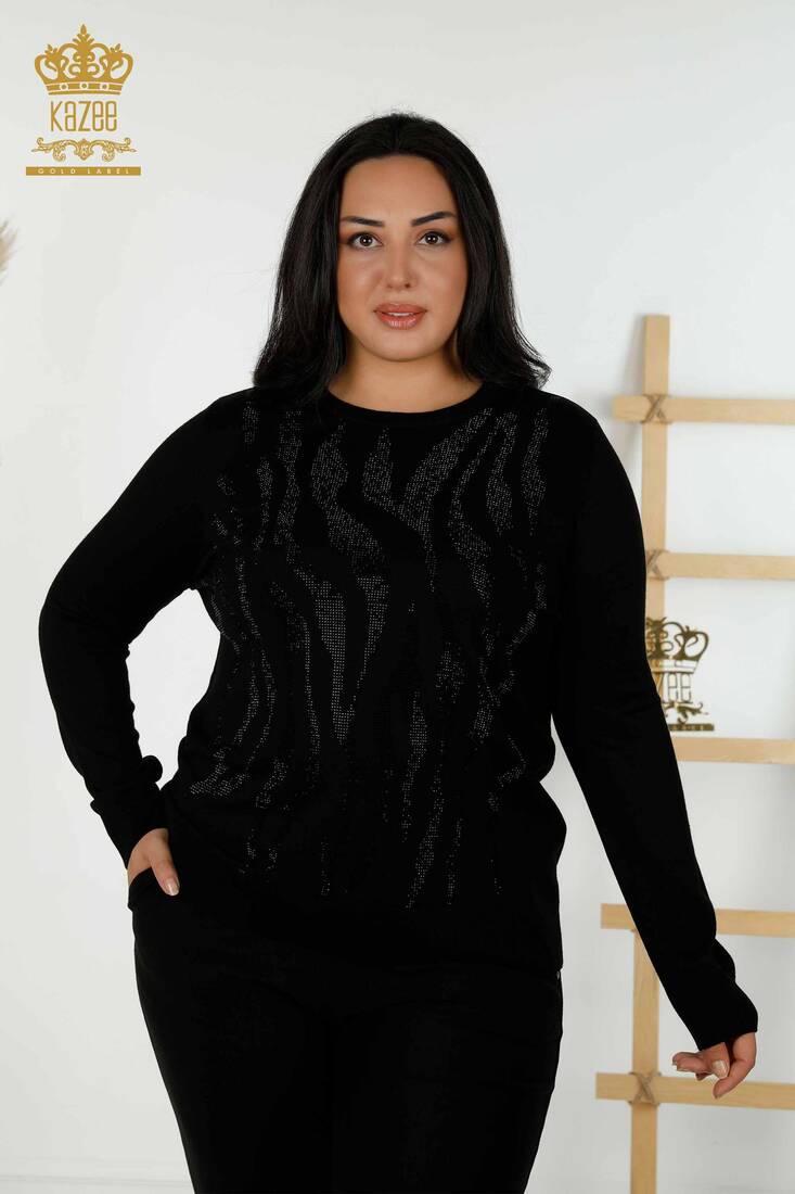 Women's Knitwear Stone Embroidered Black - 16728 | KAZEE