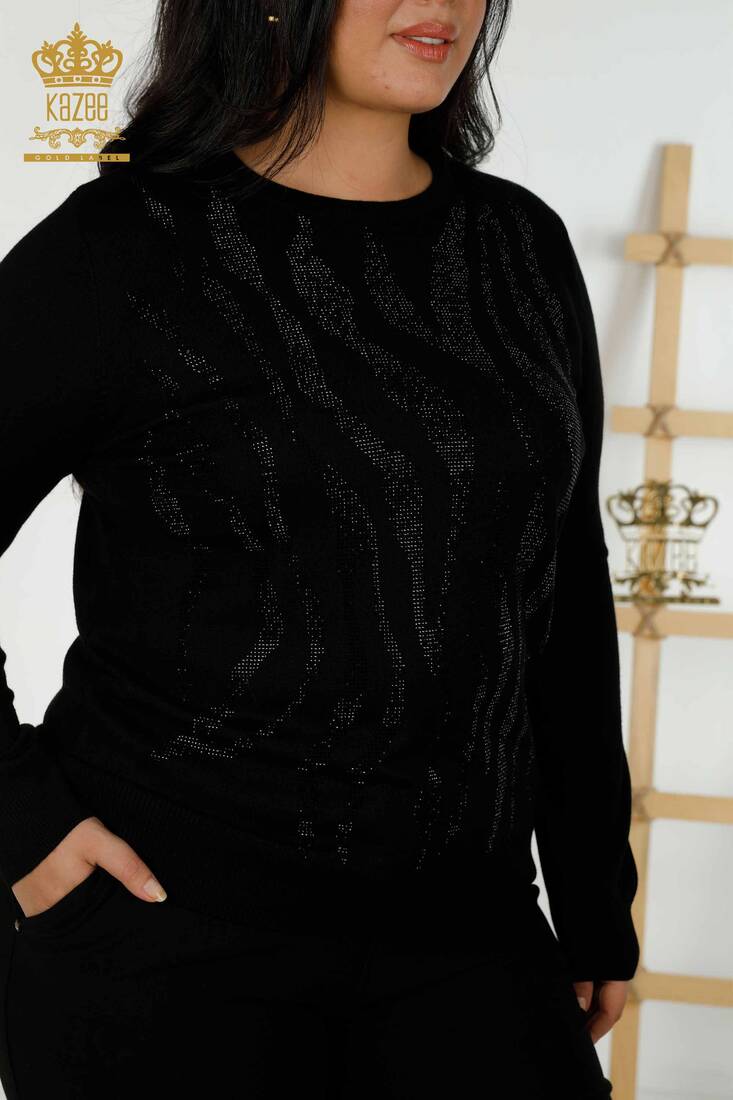 Women's Knitwear Stone Embroidered Black - 16728 | KAZEE