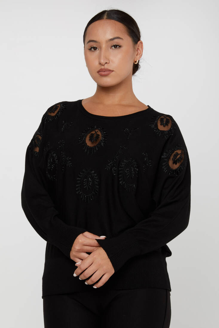 Women's Knitwear Stone Embroidered Black - 30902 | KAZEE
