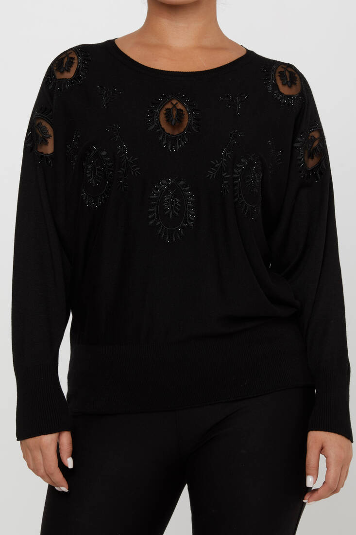 Women's Knitwear Stone Embroidered Black - 30902 | KAZEE