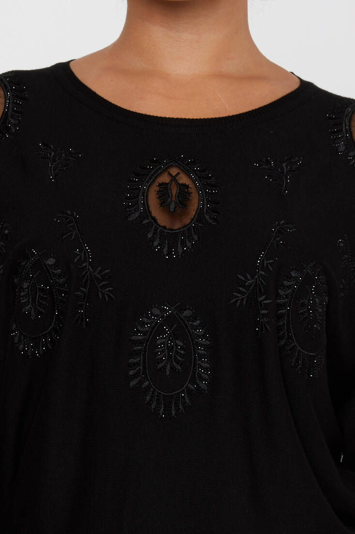 Women's Knitwear Stone Embroidered Black - 30902 | KAZEE