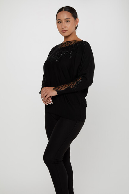 Women's Knitwear Stone Embroidered Black - 31227 | KAZEE - Thumbnail