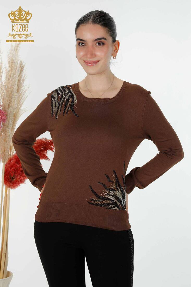 Women's Knitwear Stone Embroidered Brown - 16940 | KAZEE