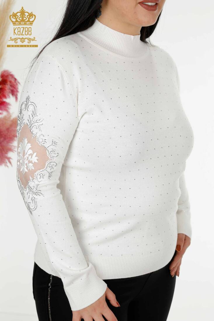 Women's Knitwear Stone Embroidered Ecru - 30014 | KAZEE