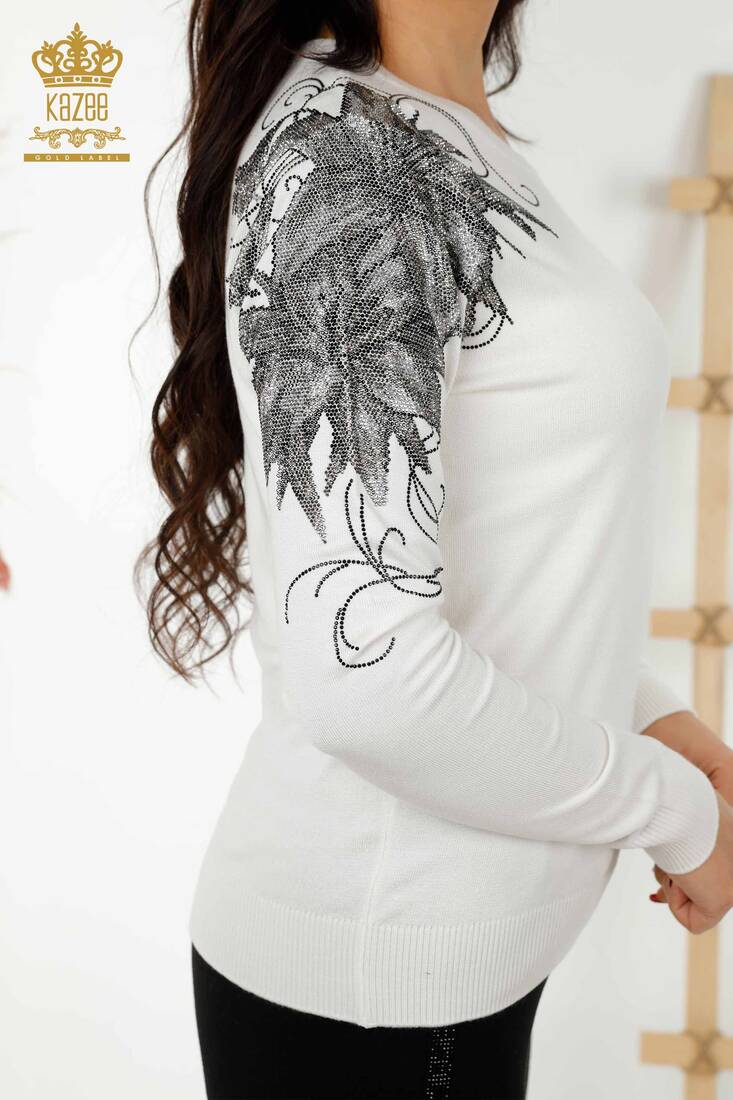Women's Knitwear Stone Embroidered Ecru - 30210 | KAZEE
