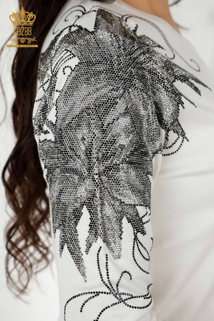 Women's Knitwear Stone Embroidered Ecru - 30210 | KAZEE