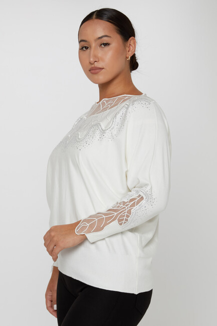 Women's Knitwear Stone Embroidered Ecru - 31227 | KAZEE - Thumbnail