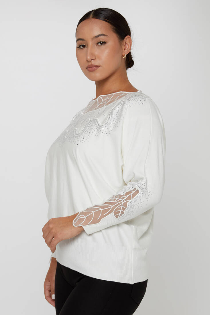Women's Knitwear Stone Embroidered Ecru - 31227 | KAZEE