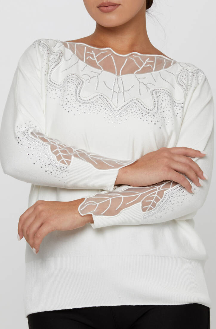 Women's Knitwear Stone Embroidered Ecru - 31227 | KAZEE