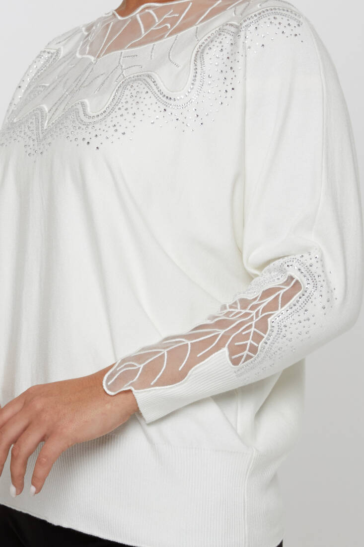 Women's Knitwear Stone Embroidered Ecru - 31227 | KAZEE