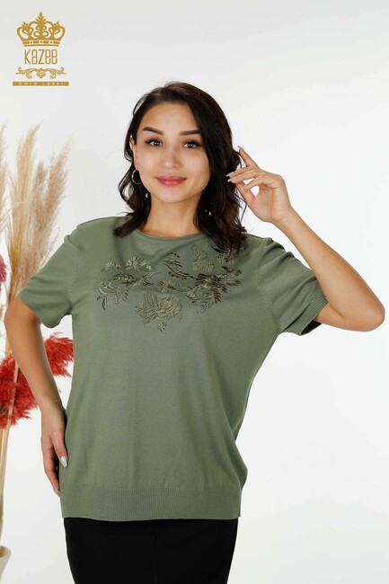 Women's Knitwear Stone Embroidered Khaki - 16849 | KAZEE - Thumbnail