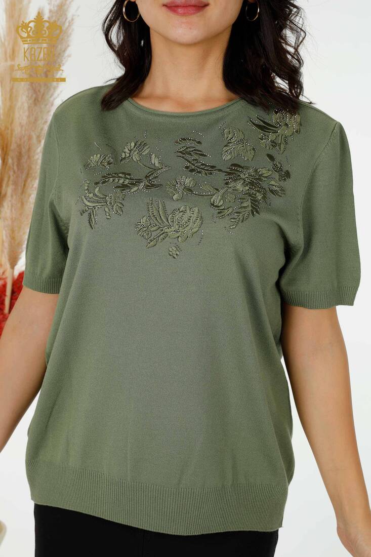 Women's Knitwear Stone Embroidered Khaki - 16849 | KAZEE