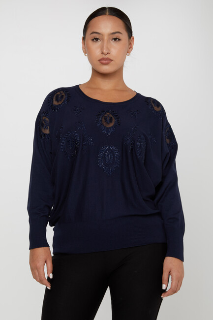 Women's Knitwear Stone Embroidered Navy Blue - 30902 | KAZEE - Thumbnail