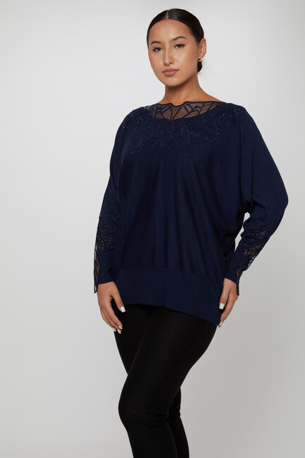 Women's Knitwear Stone Embroidered Navy Blue - 31227 | KAZEE - Thumbnail