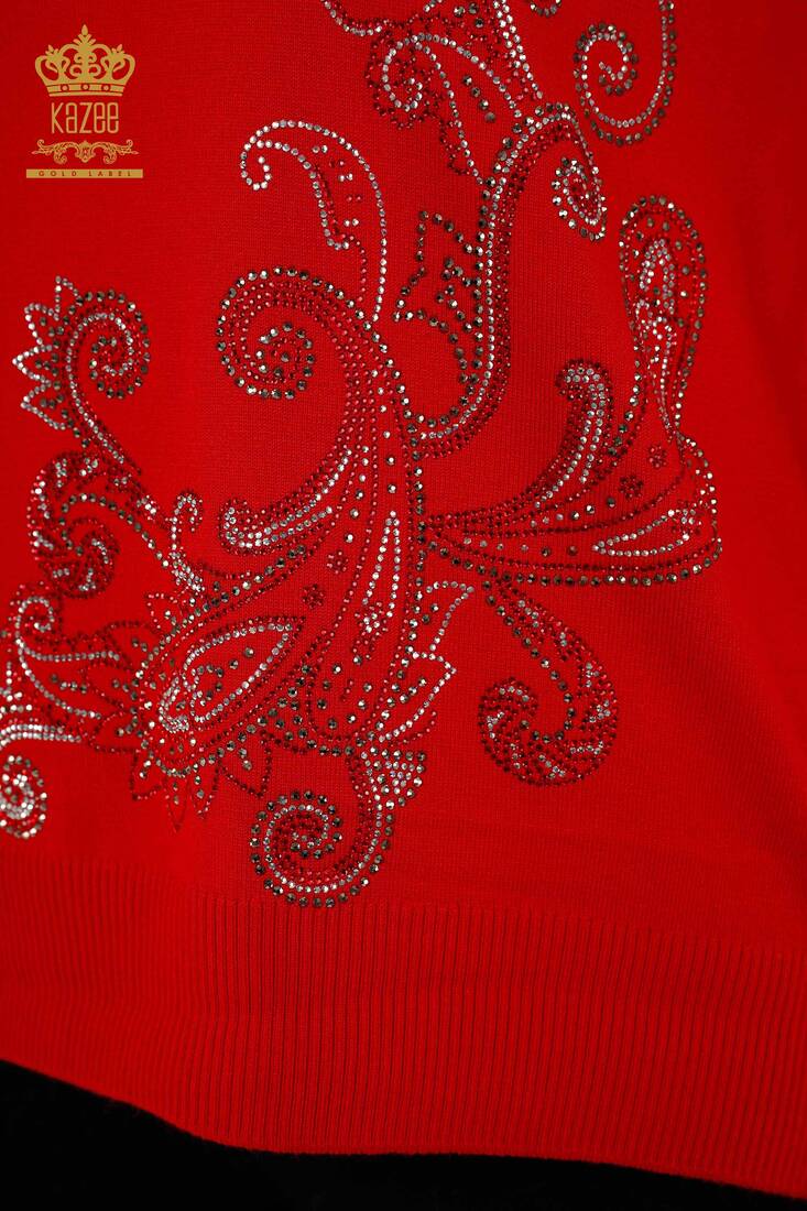 Women's Knitwear Stone Embroidered Red - 30013 | KAZEE