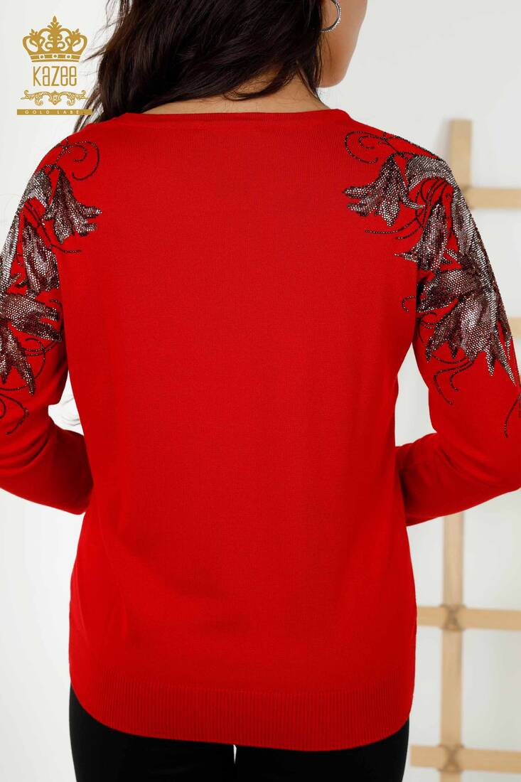 Women's Knitwear Stone Embroidered Red - 30210 | KAZEE