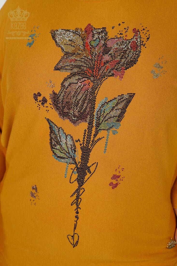 Women's Knitwear Stone Embroidered Saffron - 16628 | KAZEE