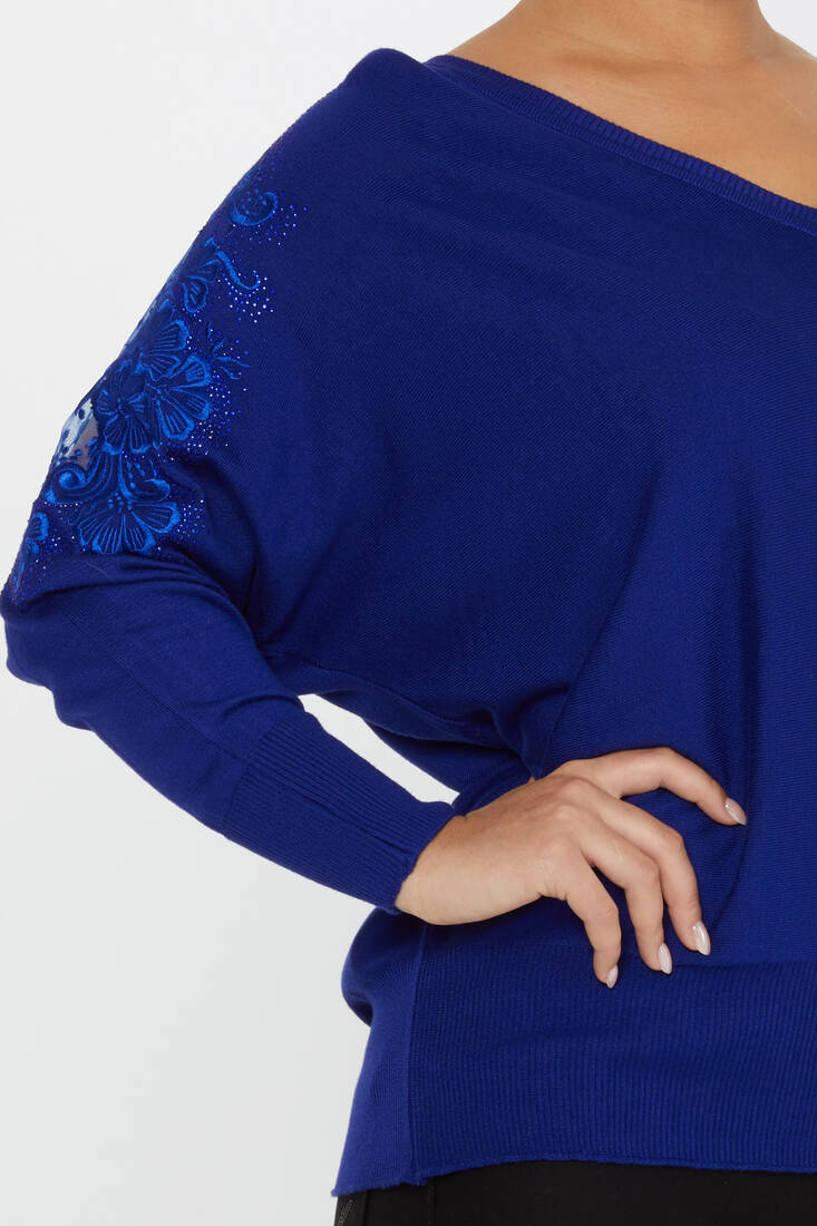 Women's Knitwear Stone Embroidered Tulle Detailed Bat Sleeve Saxe - 30904 | KAZEE