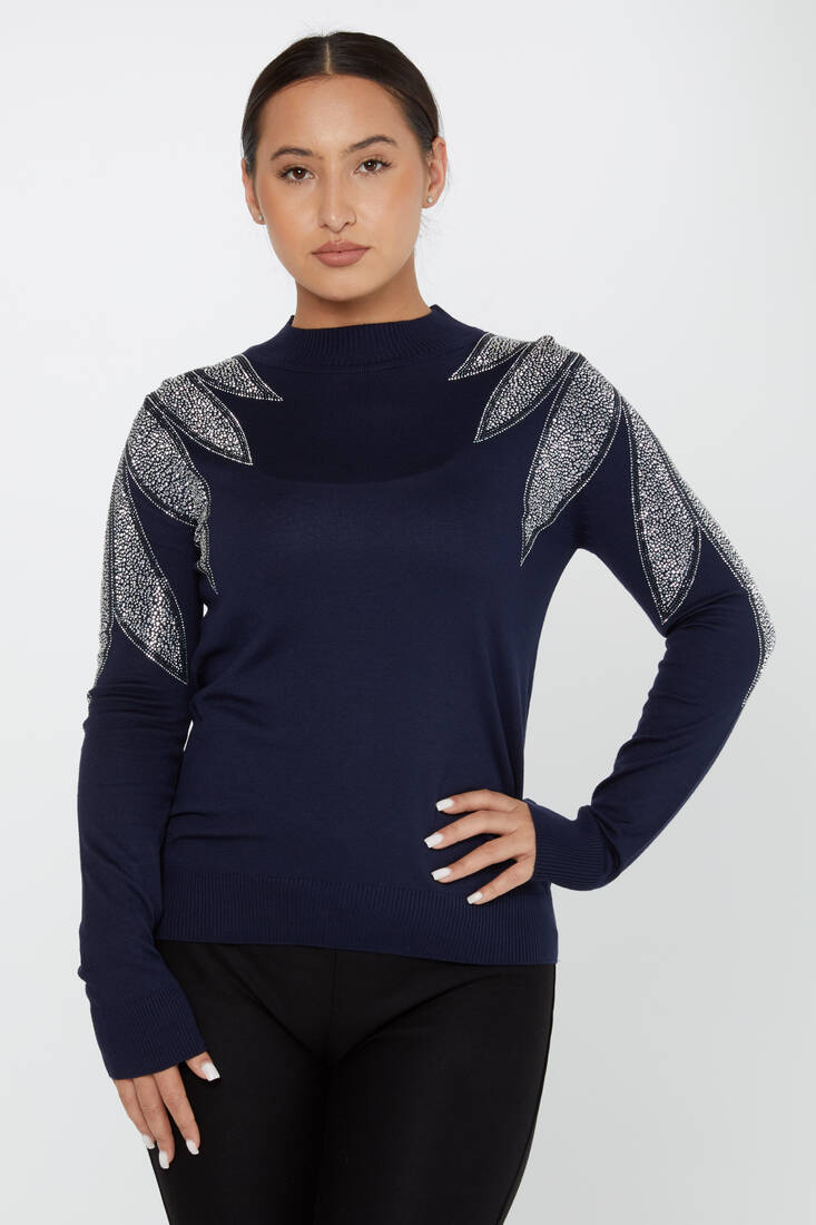 Women's Knitwear Stoned Long Sleeve Sweater Navy Blue - 30114 | KAZEE