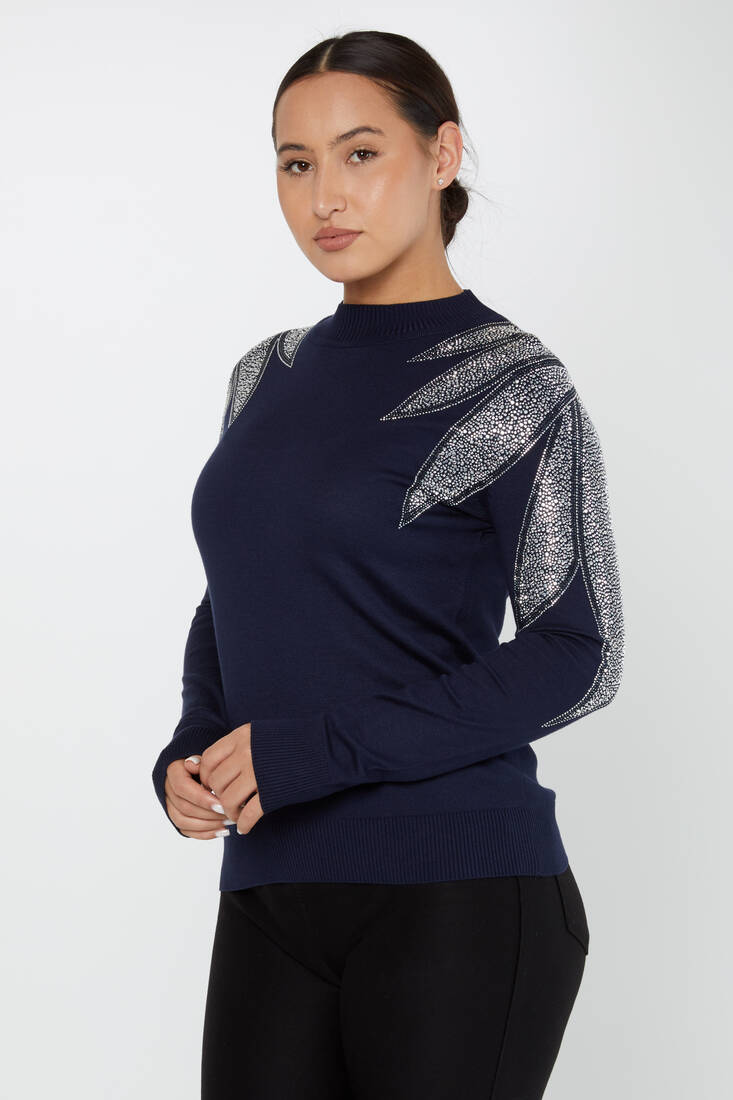 Women's Knitwear Stoned Long Sleeve Sweater Navy Blue - 30114 | KAZEE