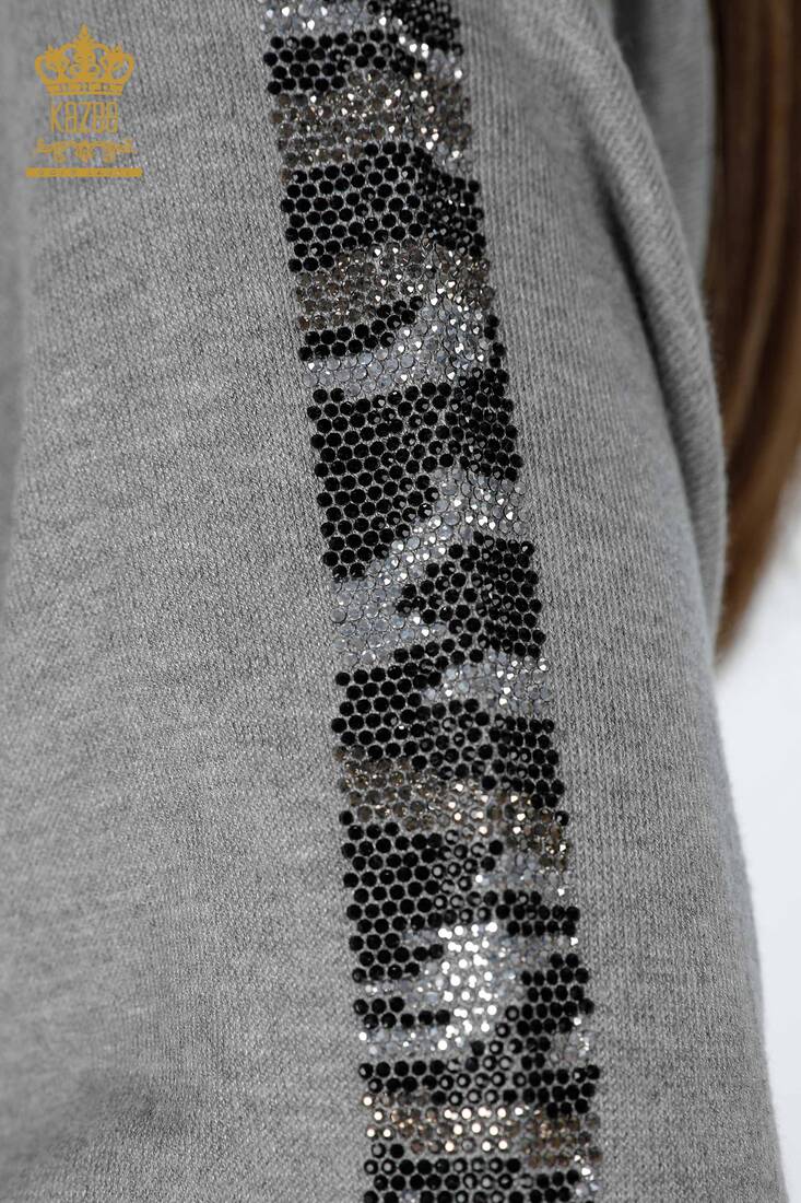 Women's Knitwear Stripe Stone Embroidered Gray - 16646 | KAZEE