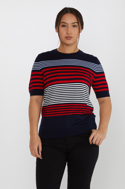 Women's Knitwear Short Sleeve Striped Detail Navy Blue - 31689 | KAZEE - Thumbnail