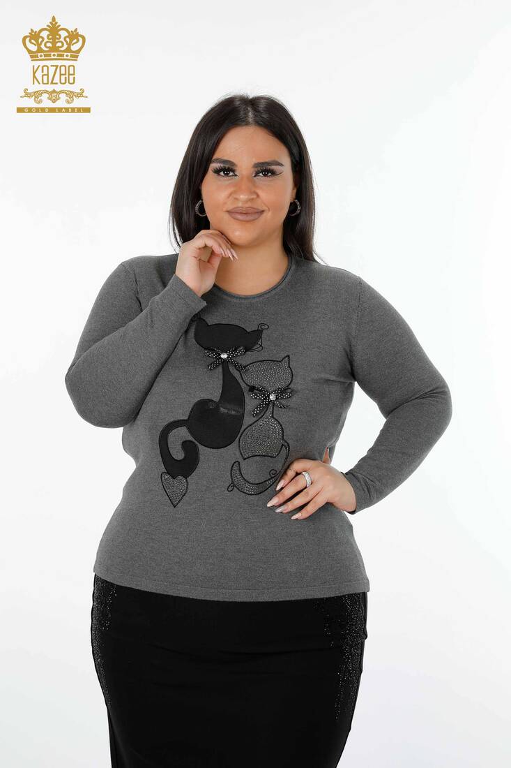 Women's Knitwear Sweater Cat Figure Crystal Stone Embroidered Anthracite - 15166 | KAZEE