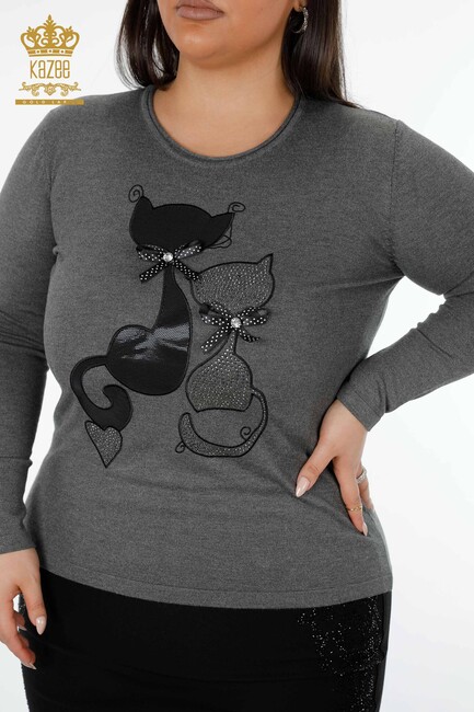 Women's Knitwear Sweater Cat Figure Crystal Stone Embroidered Anthracite - 15166 | KAZEE - Thumbnail