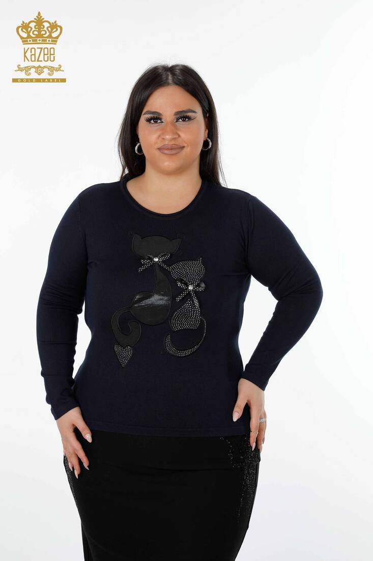 Women's Knitwear Sweater Cat Figured Crystal Stone Embroidered Navy Blue - 15166 | KAZEE