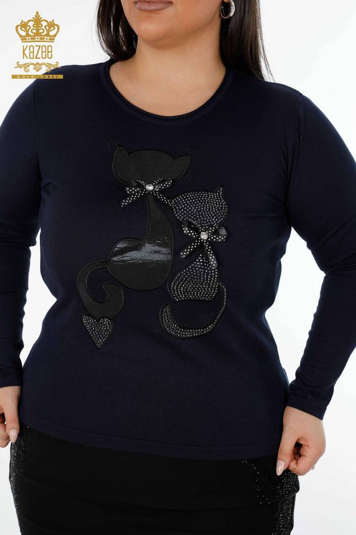 Women's Knitwear Sweater Cat Figured Crystal Stone Embroidered Navy Blue - 15166 | KAZEE