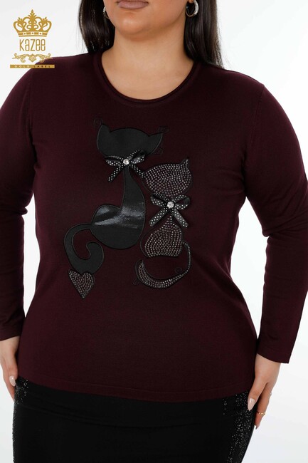 Women's Knitwear Sweater Cat Figured Crystal Stone Embroidered Plum - 15166 | KAZEE - Thumbnail