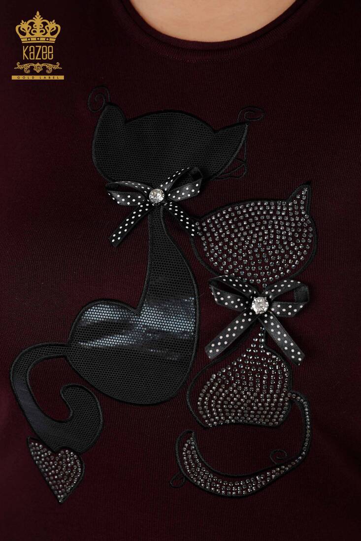 Women's Knitwear Sweater Cat Figured Crystal Stone Embroidered Plum - 15166 | KAZEE