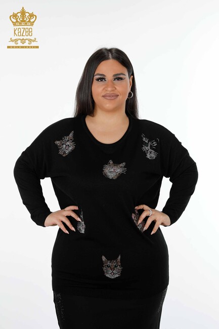 Women's Knitwear Sweater Cat Patterned Black - 16140 | KAZEE - Thumbnail