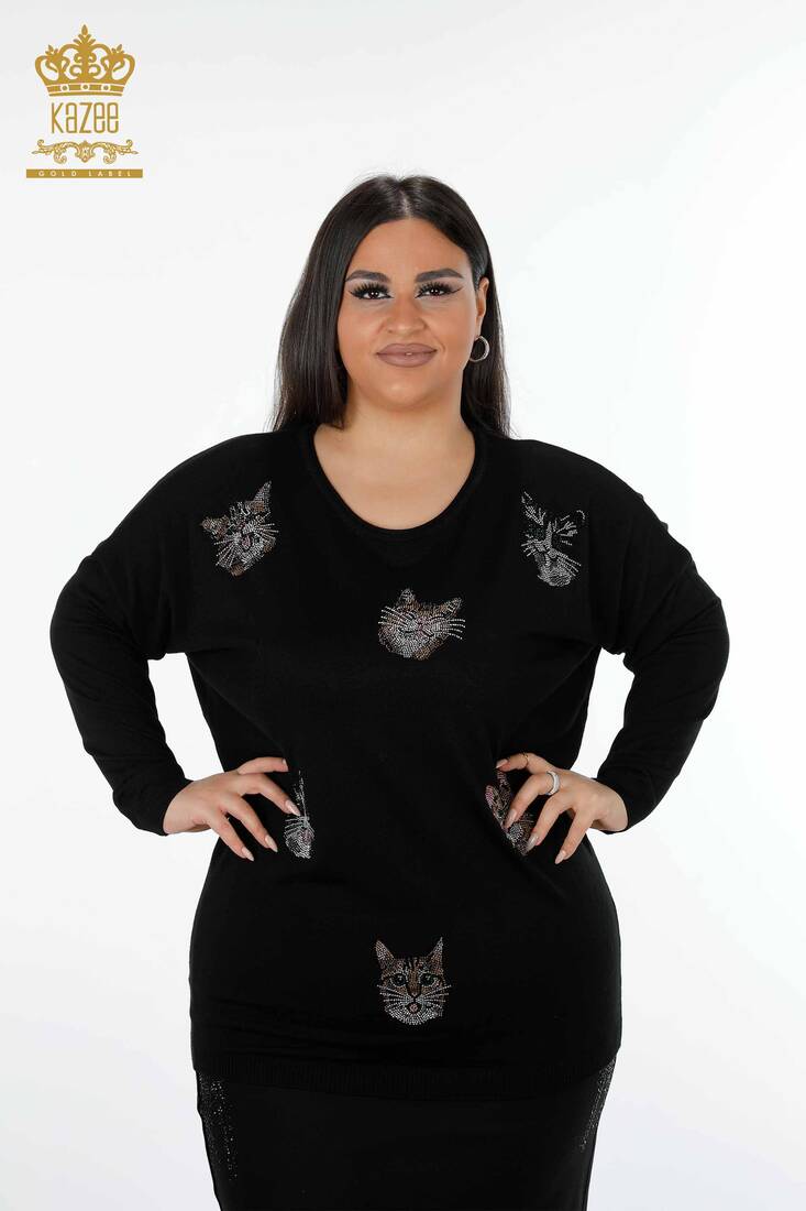 Women's Knitwear Sweater Cat Patterned Black - 16140 | KAZEE