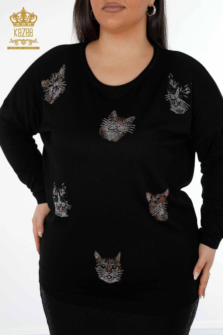 Women's Knitwear Sweater Cat Patterned Black - 16140 | KAZEE