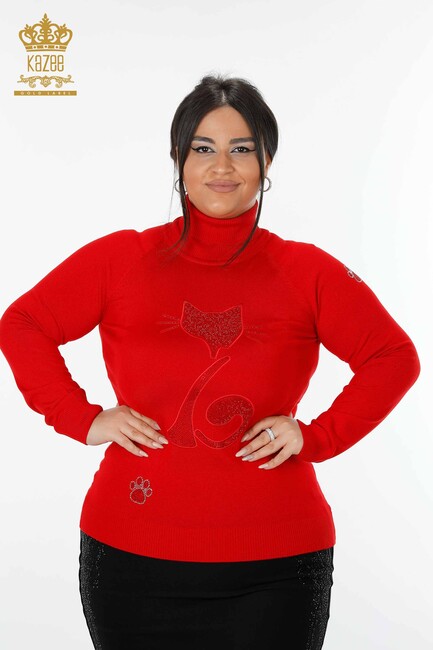 Women's Knitwear Sweater Cat Patterned Red - 15279 | KAZEE - Thumbnail